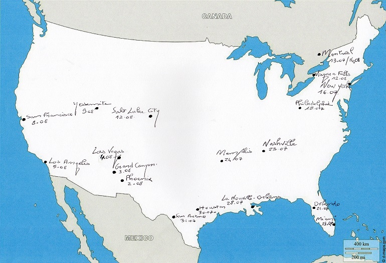 Carte du parcours américain avec les étapes et les dates manuscrites